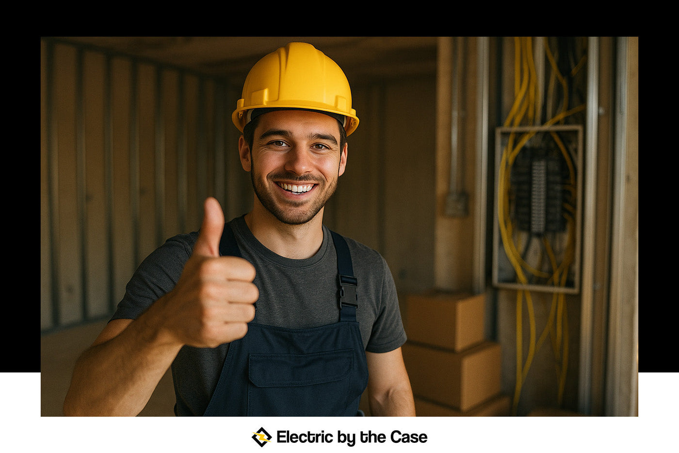 Happy electrician in construction site